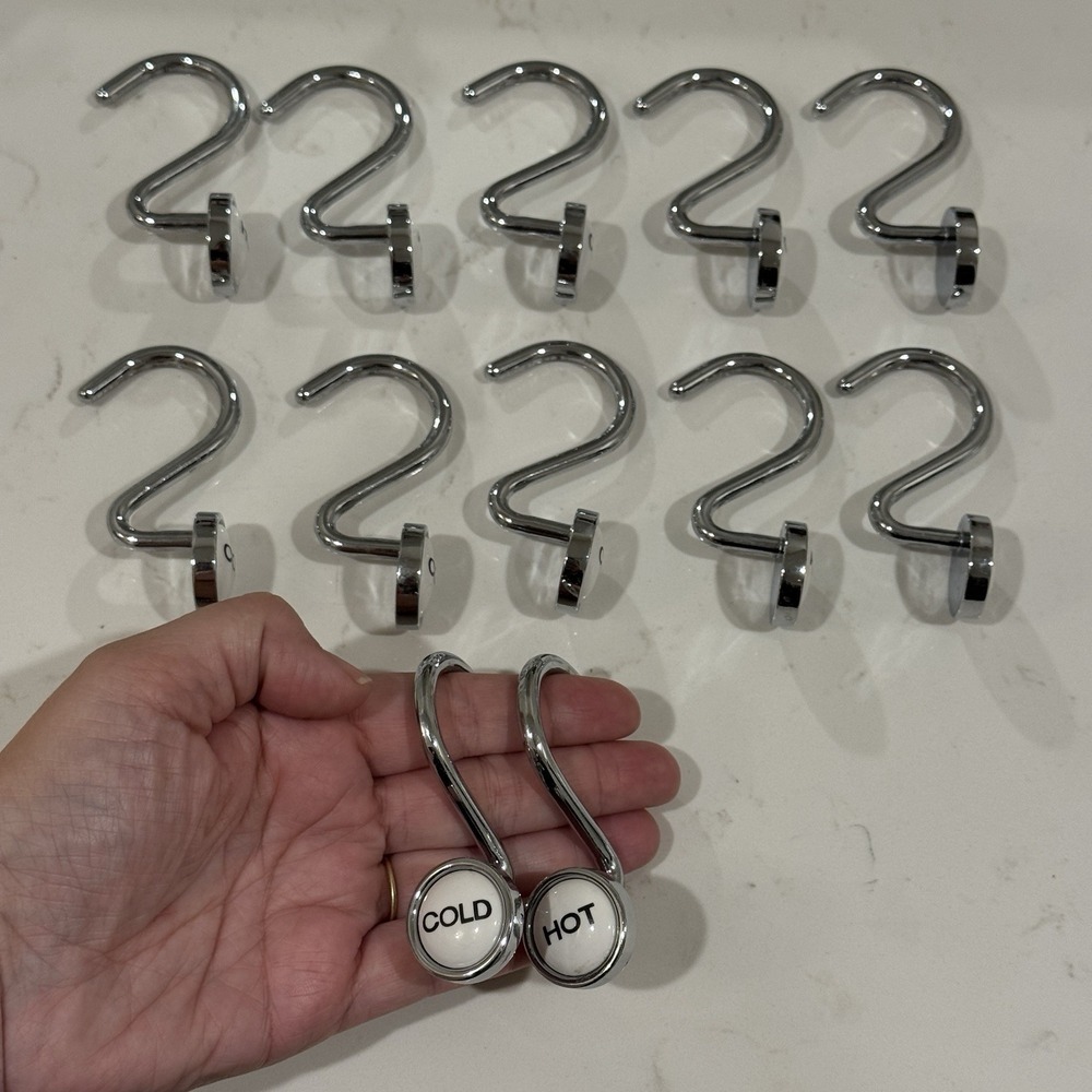Pottery Barn Hot & Cold Words Shower Curtain Hooks Rings Vintage Set 12 Chrome